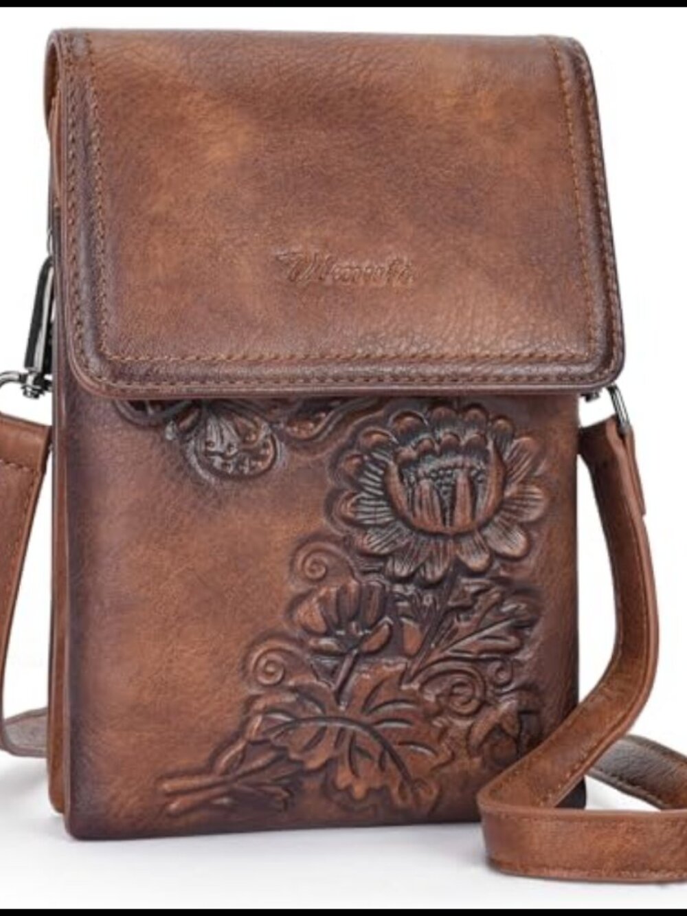 Embossed Flower Crossbody Phone Bag Vegan Leather Small Purse